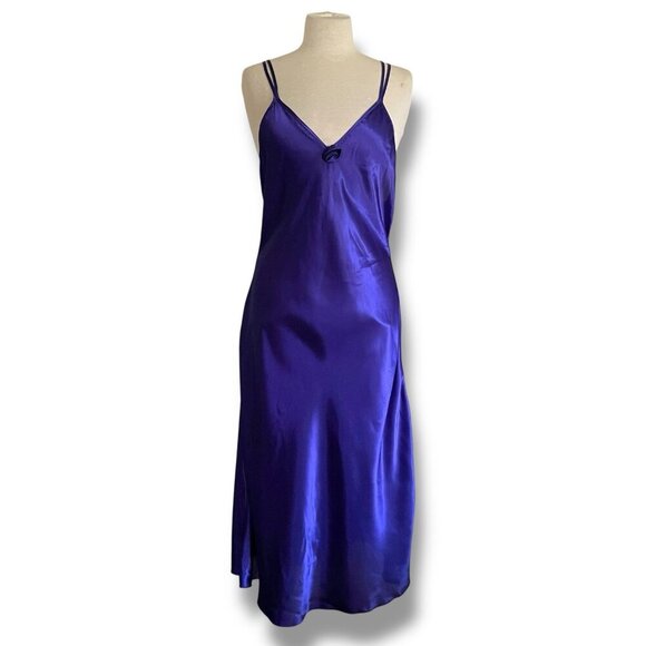Vintage 80s Val Mode Negligee Sz Large Purple Satin Midi Slip Dress Nightgown - Picture 1 of 9